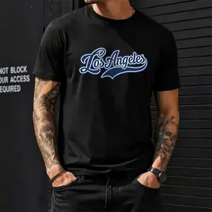 Men’s crew neck short-sleeve T-shirt with city letter print, classic color-block font design, skin-friendly cotton fabric, loose casual fit—versatile basic top for everyday streetwear and commuting.