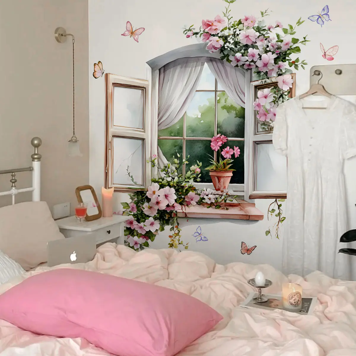A set of two hand-painted window flower spring atmosphere wall stickers for bedroom and living room background walls, home decoration stickers, Decorative Wall Sticker, Wall Decals, self-adhesive MS3316-YL