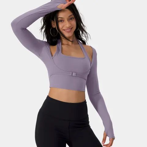 Halara Softlyzero️ Plush Halter Thumb Hole Long Sleeve Cropped 2-in-1 Yoga Sports Top