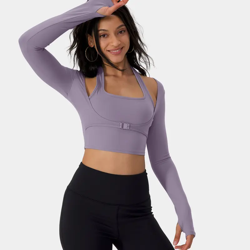 Halara Softlyzero️ Plush Halter Thumb Hole Long Sleeve Cropped 2-in-1 Yoga Sports Top