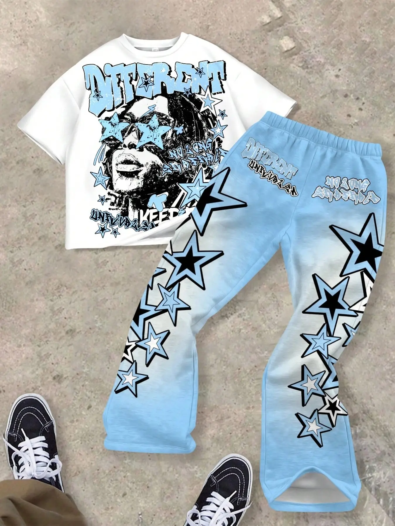 Casual Classic Cool Character Print Round Neck T-Shirt + Star Print Wide Leg Pants Set, Perfect for Summer Wear, Two-Piece Clothes