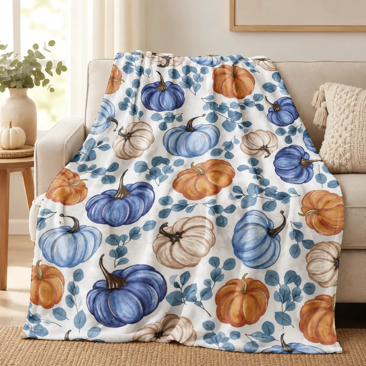 Watercolor Pumpkin Flannel Throw Blanket with Blue, Orange & Cream Pumpkins and Eucalyptus Leaf Print, Soft Cozy Lightweight Fleece Blanket for Couch, Bed, Sofa and Travel, Fall Farmhouse Home Decor Gift for Women, Adults and Thanksgiving Lovers