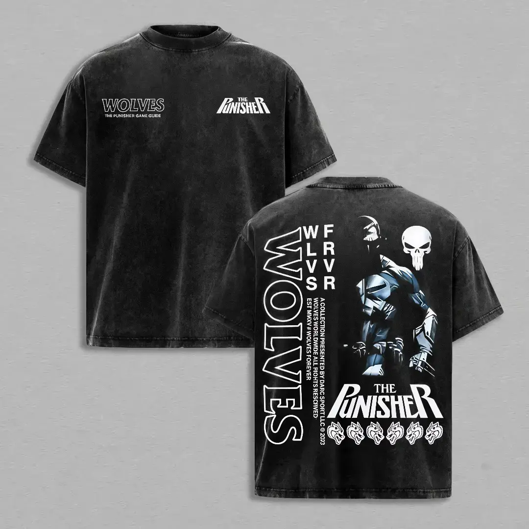 Vintage Acid Washed Black Short Sleeve T Shirt Dual Chest Wolves And Punisher Text Skull Warrior Wolf Head Back Print Crew Neck Oversized Cotton Tee For Mens Dark Hero Gothic Streetwear Daily Outdoor Casual Holiday Top