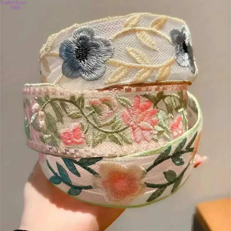 Women's 3-Pcs Elegant Floral Embroidered Wide Flower Headbands Set, Soft Non-Slip Bohemian Hair Accessories for Women, Ideal for Daily Wear & Parties, Headbands For Women