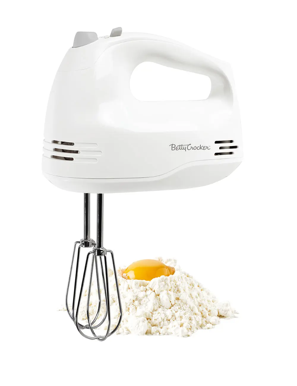 Betty Crocker 5-Speed Hand Mixer, 150 Watts Power, Easy-Clean Chrome Plate Beaters, Beater Eject Button, Heel Rest, Sleek Compact Design, Apartment Essentials, BC-4203WT, White