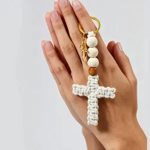 Handmade Cotton Rope Woven Cross Crochet Keychain Lanyard - Religious Prayer Charm with Durable Braided Design, Portable Tassel - Spiritual Home, Festive Party Accessory Gift for Adults