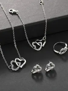 Mother's Day Gift Rhinestone Decor Hollow Out Heart Design Jewelry Set, Elegant Necklace & Bracelet & Earrings & Ring Set, Fashion Exquisite Matching Jewelry Set for Women's Gift, Valentine's, Jewellery Gift Set