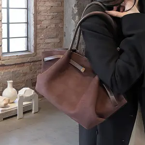 Vintage Brown Suede Tote Bag, Large Capacity Handbag