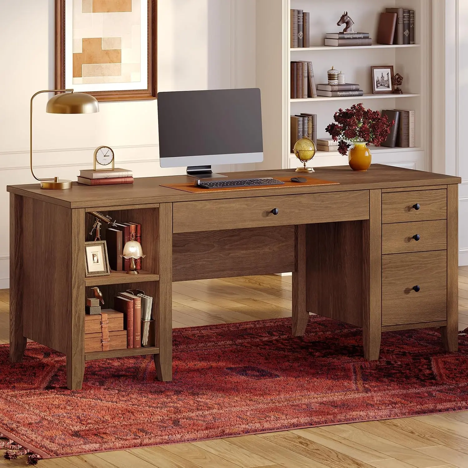 SEDETA Solid Pine Wood Computer Desk, 58'' Executive Home Office Desk with 4 Wood Drawers and Storage Shelves for Work Study Writing