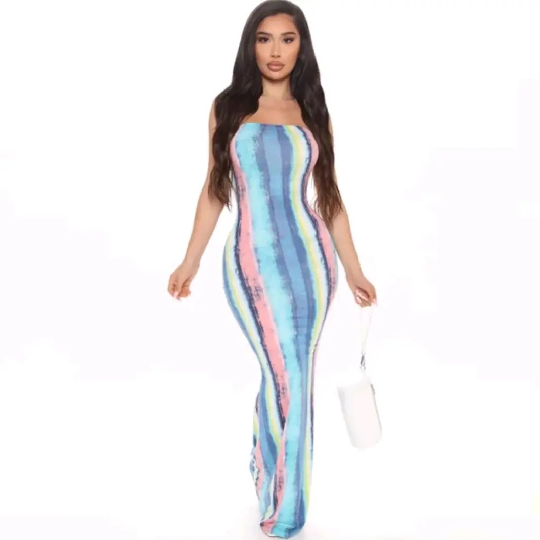 Womens Tube Top Summer Dress - Casual Striped Design for Womenswear