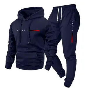 Men's Spring/Fall Paris Letter Print Hooded Sweater & Elastic Waist Drawstring Trousers Set Stylish Casual Two-Piece Gift for Husband or Boyfriend