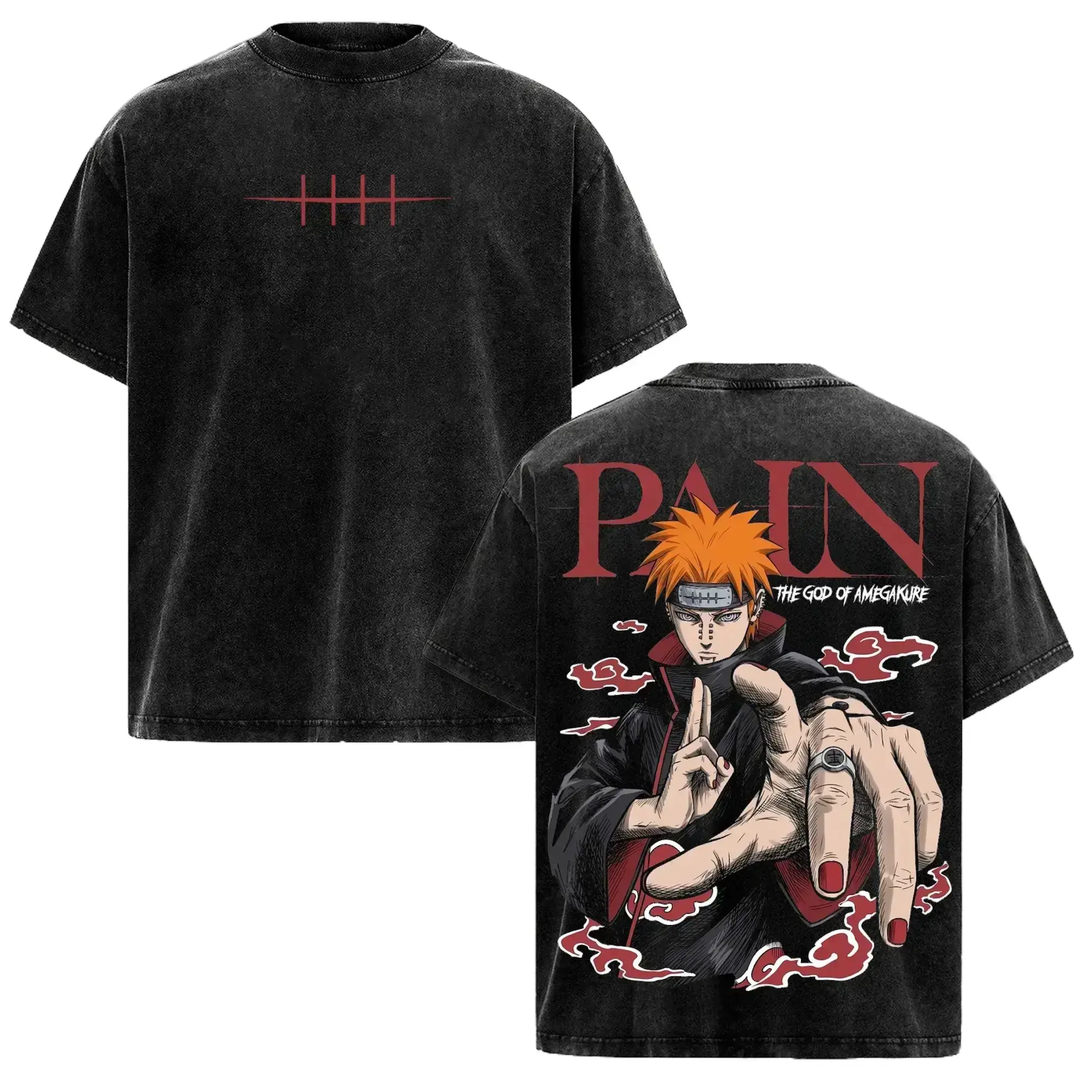 Women's Pain Nagato Naruto Akatsuki Double-Sided Vintage Washed Oversized Heavy Cotton Shortleeve Anime Graphic T-Shirt, Dark Streetwear Retro 90s Unisex Casual Fashion Clothing Top, Shortsleeve, Graphic Tee, Akatsuki Graphic Women's T-Shirts