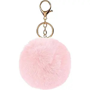 Pom Pom Car Keychain, 2PCS Fluffy Plush Ball Cute Rabbit Fur Vehicle Key Ring, Automotive Decor Keyring, Universal Fit (Pink)