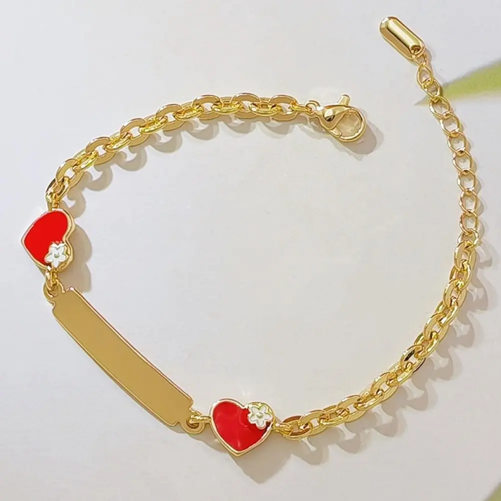14K Gold Plated Enamel Red Heart ID Bar Bracelet, Personalized Engravable Nameplate Bracelet with Flower Accent, Adjustable Valentine’s Day Jewelry