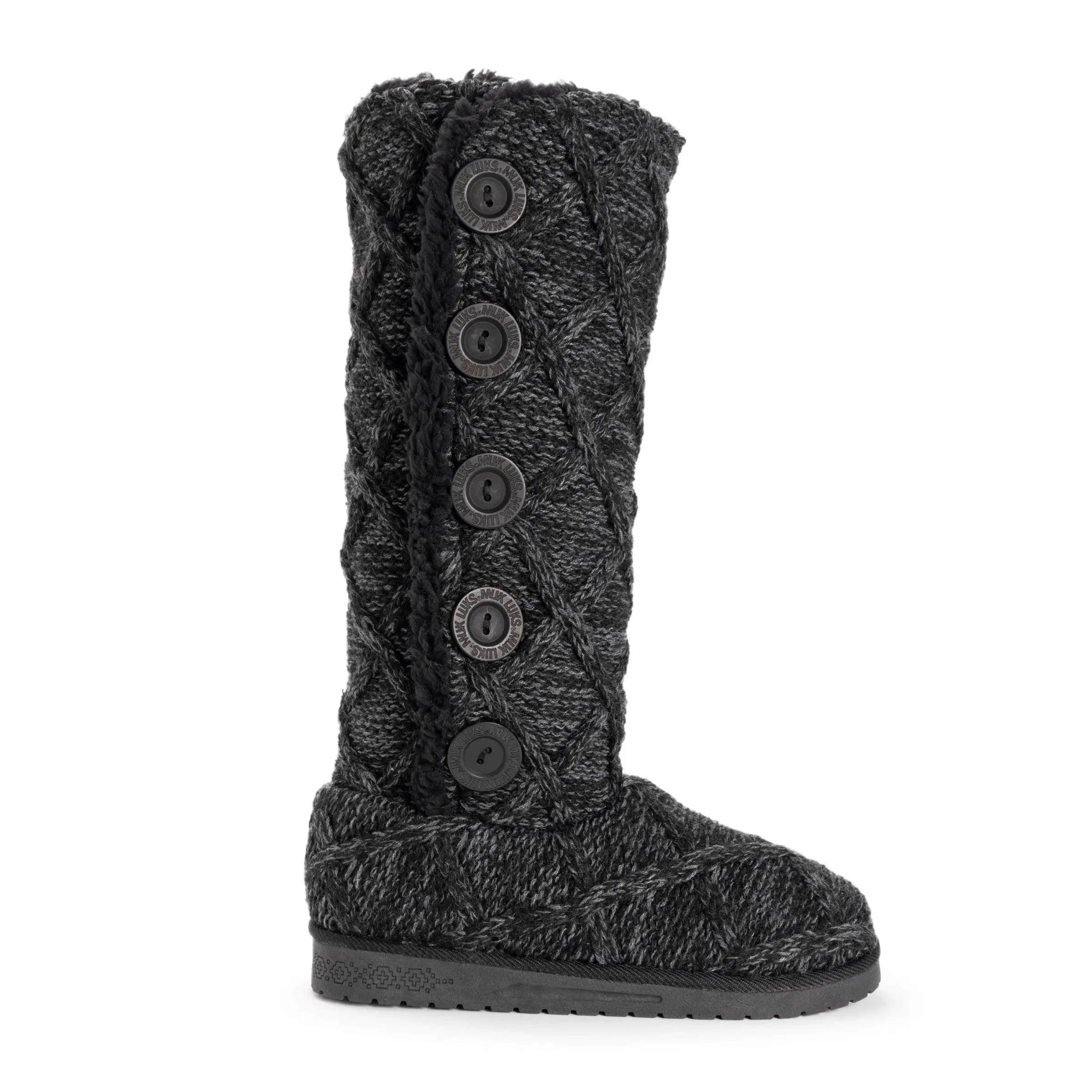 Muk Luks Women's Malena Mid-Height Knit Knee Boot - Black Marl Lattice Acrylic, Soft Fur-Lined, TPR Sole, Comfortable Women's Shoe
