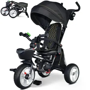 7-in-1 Folding Toddler Tricycle for 18 Months to 5 Years, Tricycle Stroller with Dual Brakes, All-Terrian Rubber Tire, Rotatable Seat, Adjustable Push Handle, Black