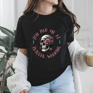 Trigger Warning Tee Skeleton Reading Shirt Dark Romance Book Lover Bookish Gift Booktrovert Morally Grey Skull and Roses Graphic Tee