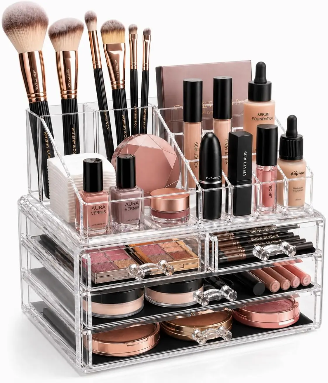 Clear Makeup Organizer, Multi-Drawer Cosmetic Storage Box with Brush Holder for Vanity Countertop