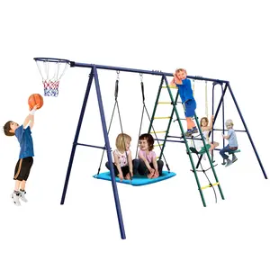 MERSCO Swing Sets for Backyard, 6-in-1 Kids Swing Set,Outdoor Swing Set with Climbing Ladder, Climbing Net, Glider, Hammock Swing, Belt Swing, Basketball hoop, Outdoor Stuff For Kids, Kids Outdoor Play, Steel Frame