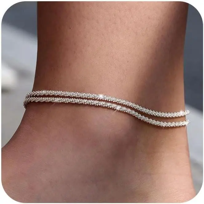 Women’s Stackable Layered Anklet Set, Waterproof Adjustable Figaro Beaded Cuban Link Ankle Bracelets, Trendy Summer Beach Jewelry for Women