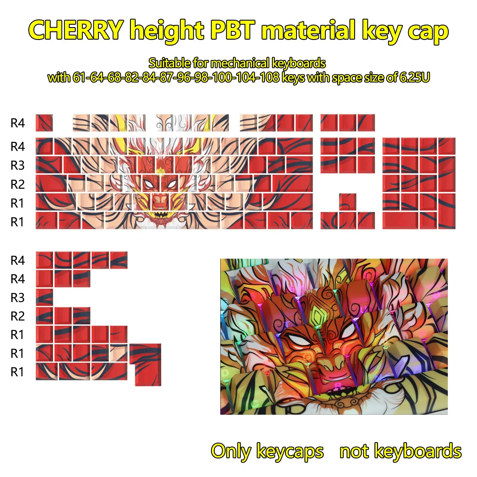 Dragon Side Engraving Translucent Keyboard Keycaps, Cherry Height Pbt Material, Thermal Sublimation Technology, Adapted to 6.25u Space, Side Engraved Keycap