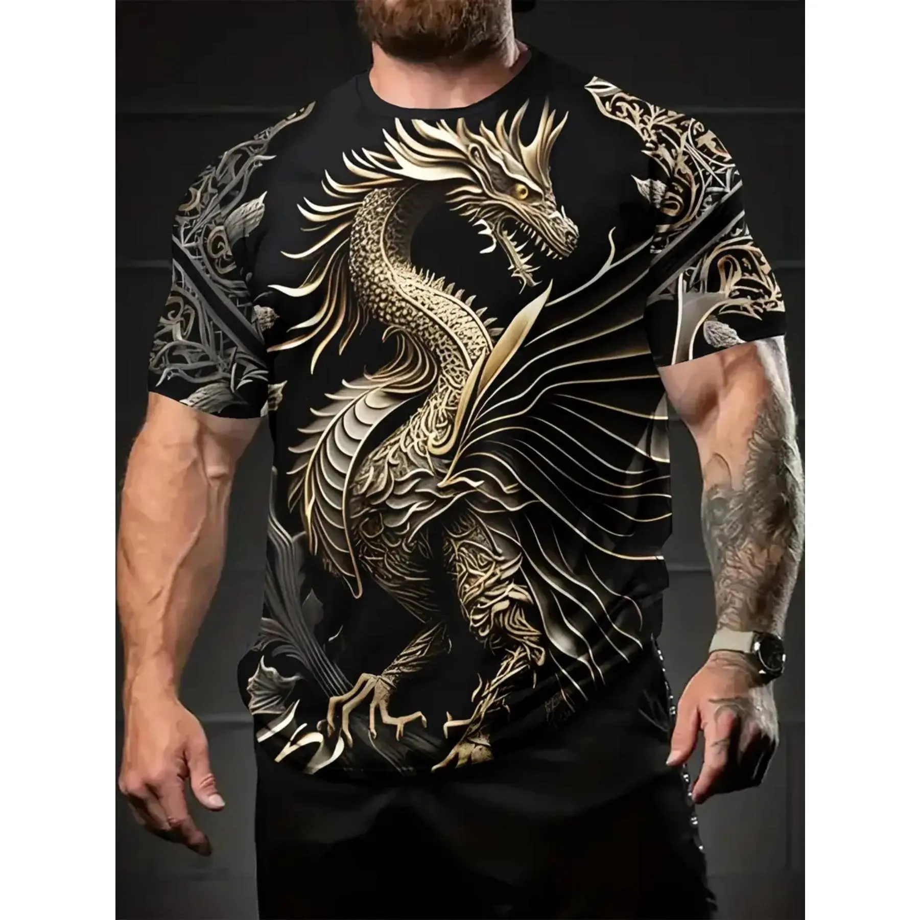 Men'S Trendy Fashion Dragon Print T-Shirt, Comfortable And Casual Sportswear with Slight Stretch for Outdoor Activities