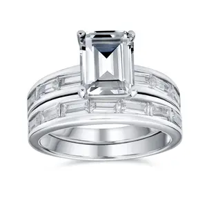 Art Deco Style 2CT CZ Emerald Cut & Channel Baguette Band Engagement Ring Set in Sterling Silver