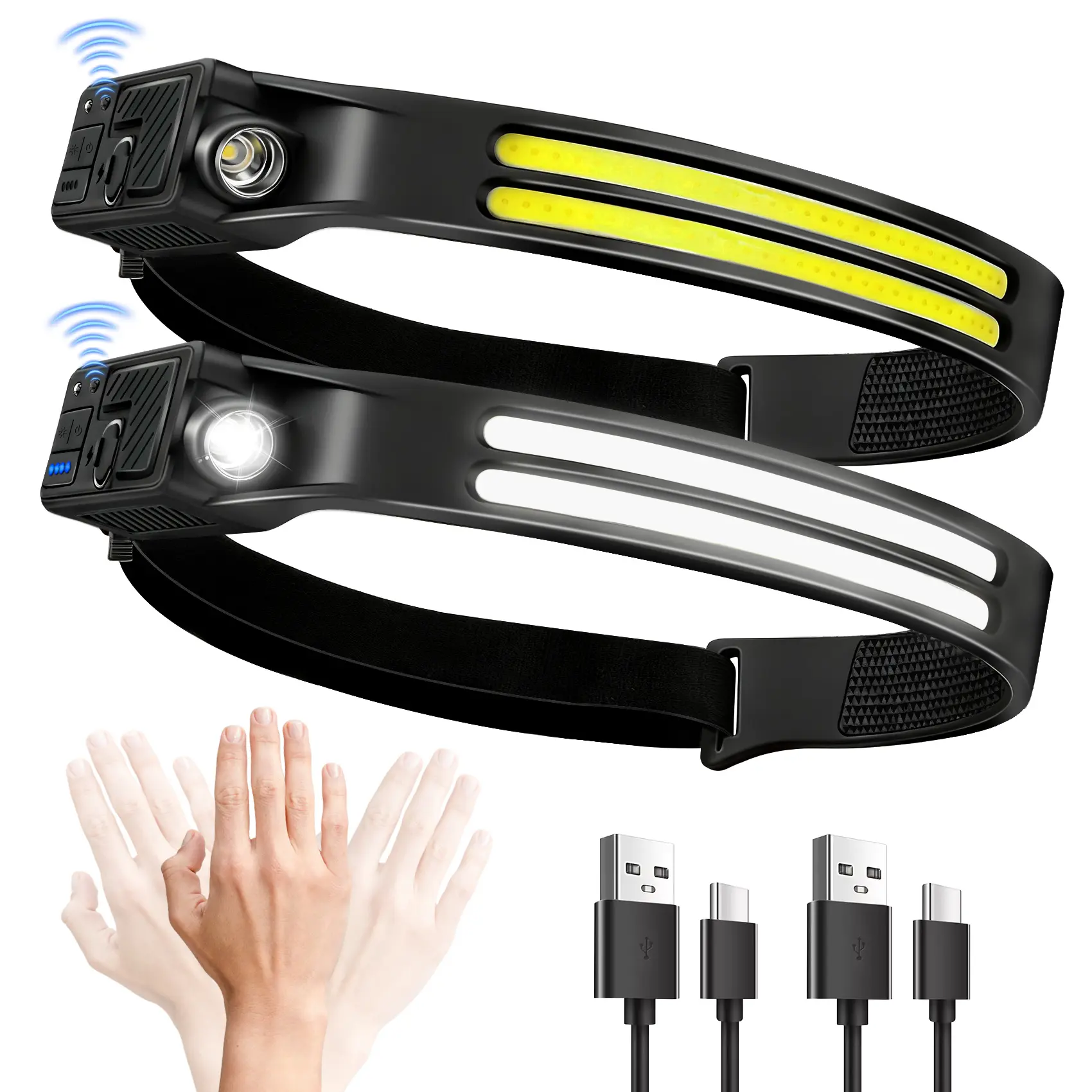 Rechargeable LED Headlamp - Smart Silicon Comfortable Sensor Light, Lightweight Waterproof Hard Hat Light with 230° Wide Beam, 5 Bright Modes, USB-C Headband, Multifunctional Flashlight for Adults, Hiking, Camping