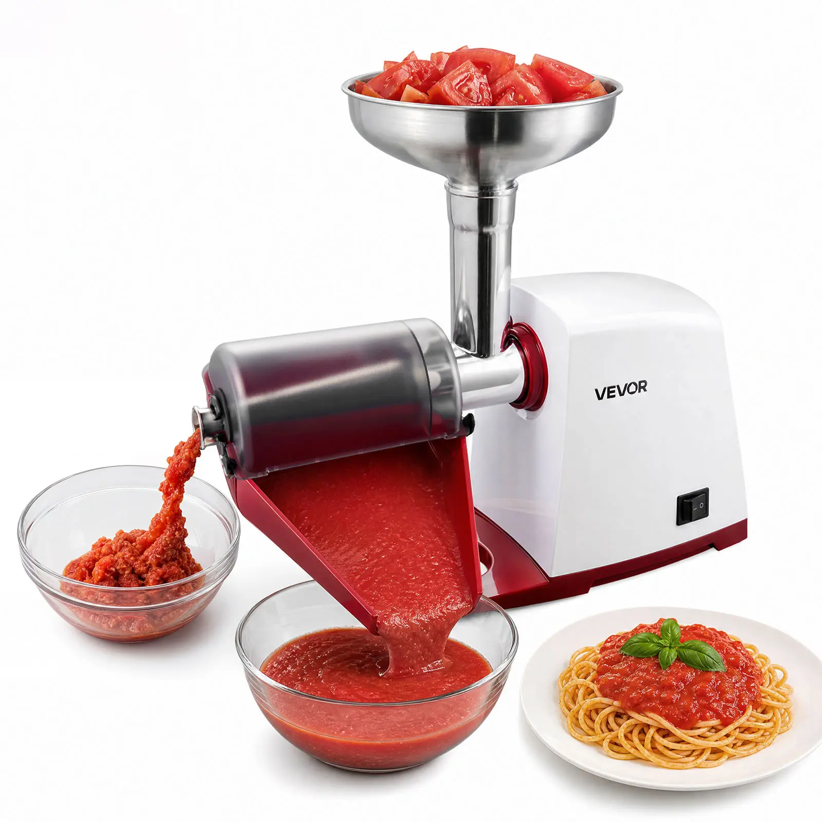 VEVOR Electric Tomato Strainer 800W Max (Rated Power: 300W) Sauce Maker, 88 lbs/H For Purees, Strawberry, Salsa, Stainless Steel Tomato Food Mill Press Machine, 1mm, 1.5mm, 3mm & 6mm Screens, White