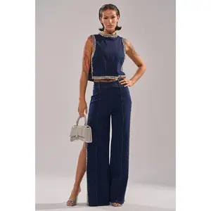 POPPIN OUT RHINESTONE DENIM PANT IN DARK WASH DENIM