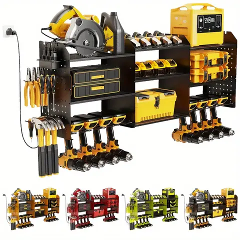 Power Tool Organizer Wall Mount With Charging Station, 3 Layer Cordless Drill Hanger Storage Rack, Battery Tools Holder With Charging Station Shelf, 45.5 Inch Heavy Duty Tailored DIY Garage Storage. Perfect Gifts For Father'S Day, Storage Racks