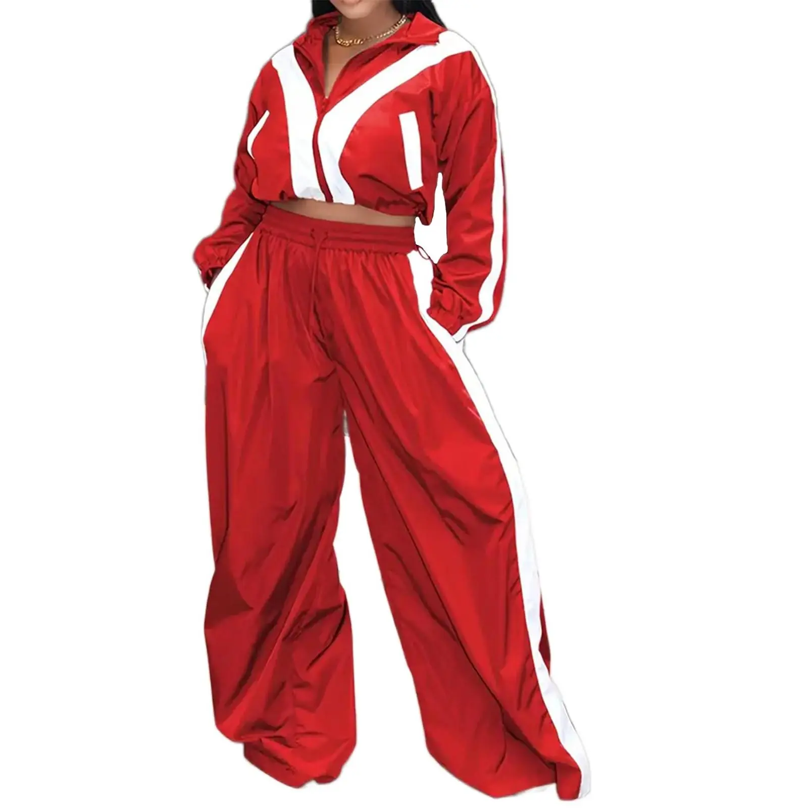 Track Suits for Women Set Color Block Two Piece Long Sleeve Cropped Jacket and Wide Leg Pants Outfits