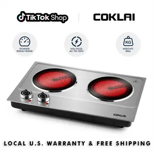 COKLAI Dual Control Ceramic Electric Hot Plate - Small Induction Hobs, Stainless Steel, Adjustable Temperature Control, Easy-to-Clean, Ideal for Kitchens & Camping, Power-Supplied Household Kitchen Appliance