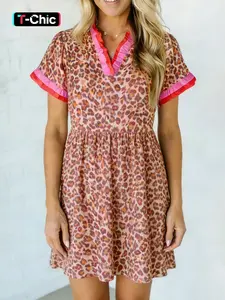 Summer Casual Vacation Style Leopard Print High Waist Ruffle Hem Contrast Trim Short Dress, Casual Fashionable Dress, Trendy Fashion for Women, Casual Sundress, Perfect for Warm Weather