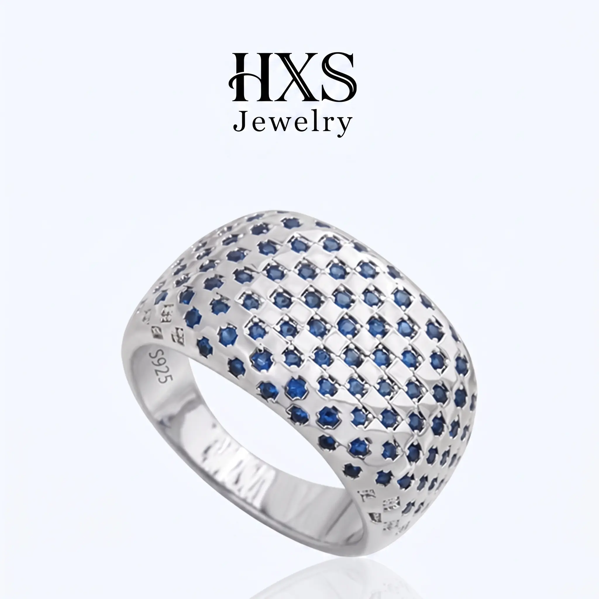 S925 Sterling Silver Wide Dome Statement Ring - Dense Pave-Set Sparkling Blue CZ Multi-Stone, Solid Non-Adjustable Band, Bold Full-Inlaid Cocktail Ring, Stylish Jewelry for Unisex Adults, Party Gift