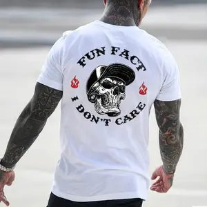 FUN FACT I DON'T CARE Skull Print Men's T-shirt, Top Menswear, Cotton Tee Shirt Casual Streetwear