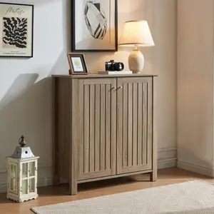 Shoe cabinet storage cabinet entryway cabinet with two doors slat style vented doors metal knob handle four shelves,Dark Taupe