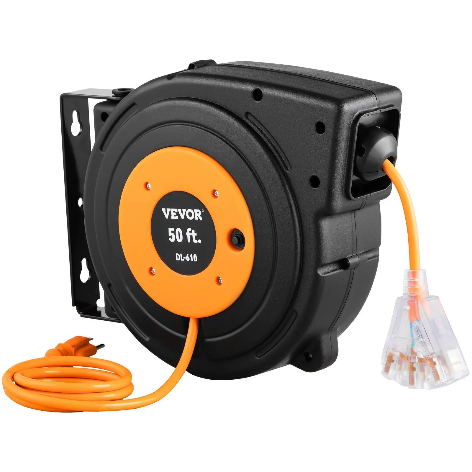 VEVOR Retractable Power Cord Reel, 50ft 14AWG/3CSJTOW Cable with Automatic Retractor, 4.5ft Lead-In Cable, Polypropylene Construction, Power Strip Outlet Compatible, 4.5Ft Lead-In Cord