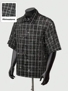 Trendy Men's Black & White Plaid Checked Rhinestone Shirt, Sparkly Crystal Grid Pattern Short Sleeve Camp Collar Casual Top, Edgy Y2K Streetwear Shirt for Street Style & Night Out Wear #MensStreetwearShirt #RhinestoneAestheticFashion #VersatileSummerTop
