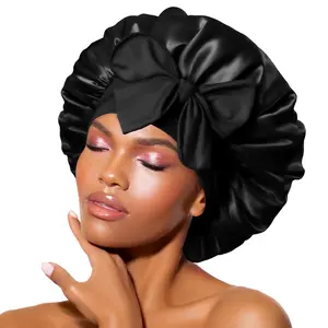 Women's Black Satin Bonnet with Bow - Adjustable Size, Silky Satin Material, Elastic Band for Comfort, Hair Protection, Stylish Night Sleep Cap for Curly Hair