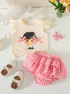 Summer Baby Girl Cute Casual Sleeveless Top & Plaid Double Layer Ruffle Pants Set, Butterfly Knot Round Neck, Printed Checkered Design