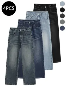 4-pack men’s jeans for autumn/winter, high cotton content, simple versatile straight-leg classic vintage jeans—men’s pants suitable for everyday commuting and casual wear.