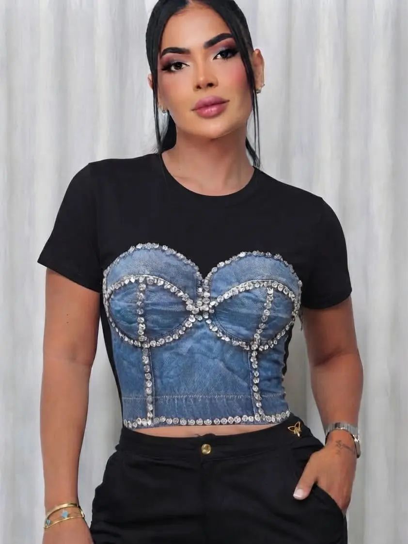 Colombian Women’s Rhinestone Denim Corset Crop Top T-Shirt – Available in Black, White, Brown and Gray