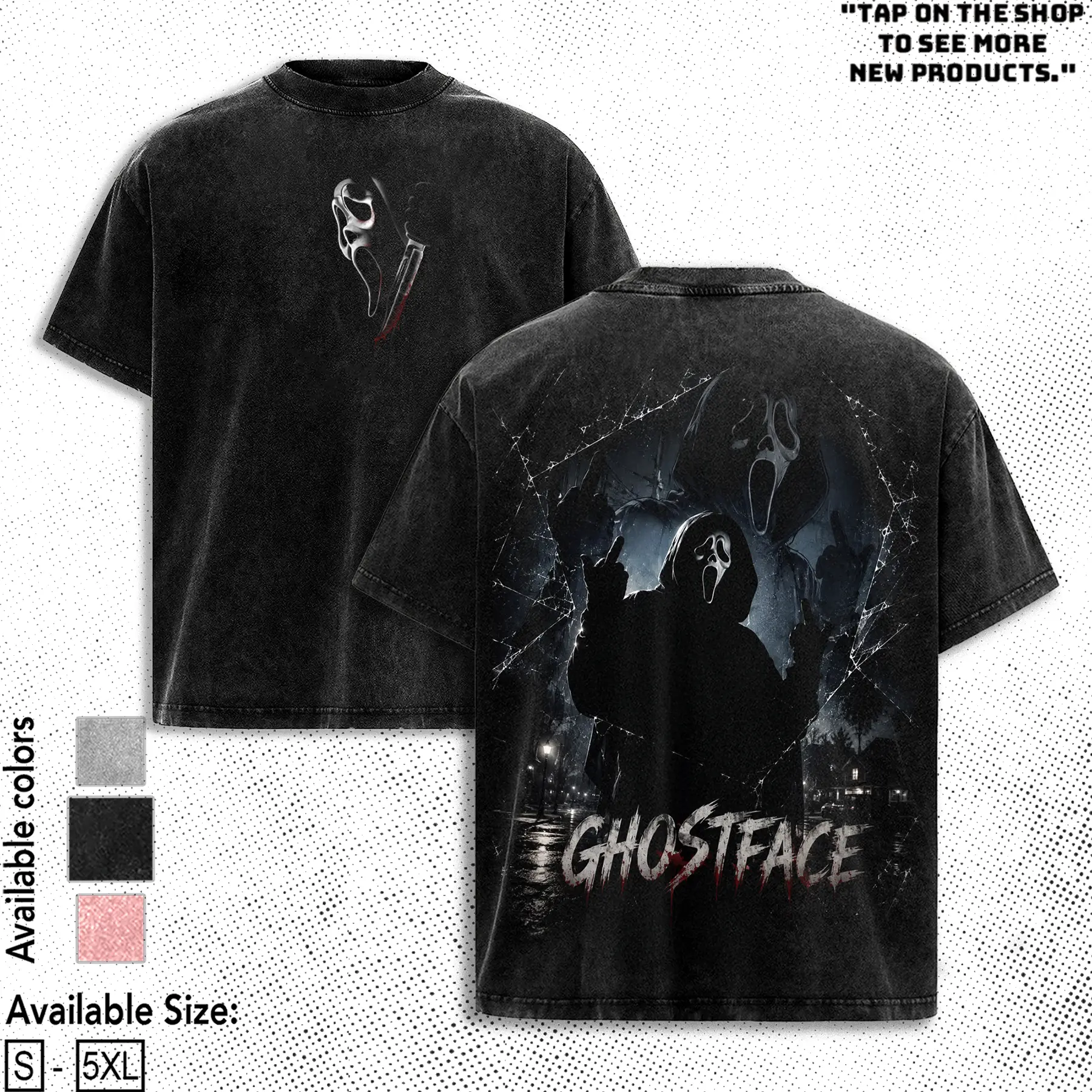 Ghost Face Movie Game Horror Premium Acid Wash T-Shirt Halloween Merch Friday The 13th Merch 80s Horror T-shirt, Slasher Movie Apparel For Fans Cotton