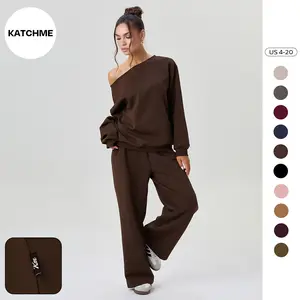 KatchMe Women's Casual Solid Color Sloping Shoulder Long Sleeve Top & Wide Leg Trousers Co-ord, Cozy Loose Two Piece Outfits, Basic Set for Lady Spring & Fall