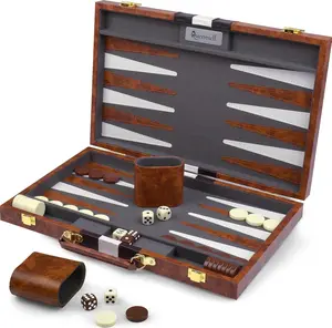 Queensell Backgammon Board Game - 15-inch Wooden Set with 32 Pieces, Double Cube, Dice Cups, and Full-color Instructions - Perfect for Adults, Travel-Ready, and Quality Play