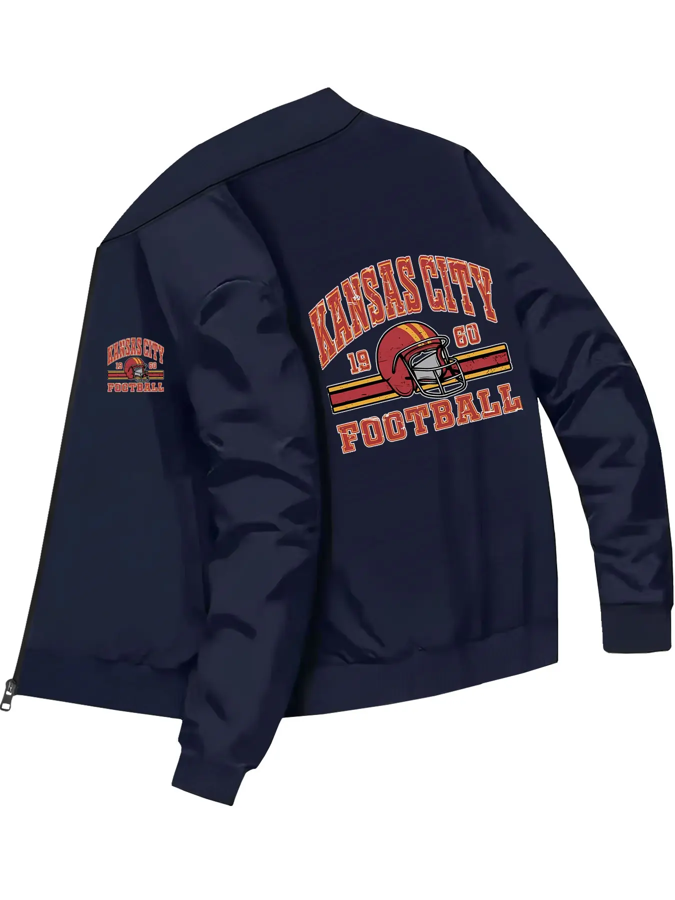 Vintage Sports Style Men's Kansas City 1960 Football Helmet Printed Bomber Jacket for Daily Wear and Outdoor Activities