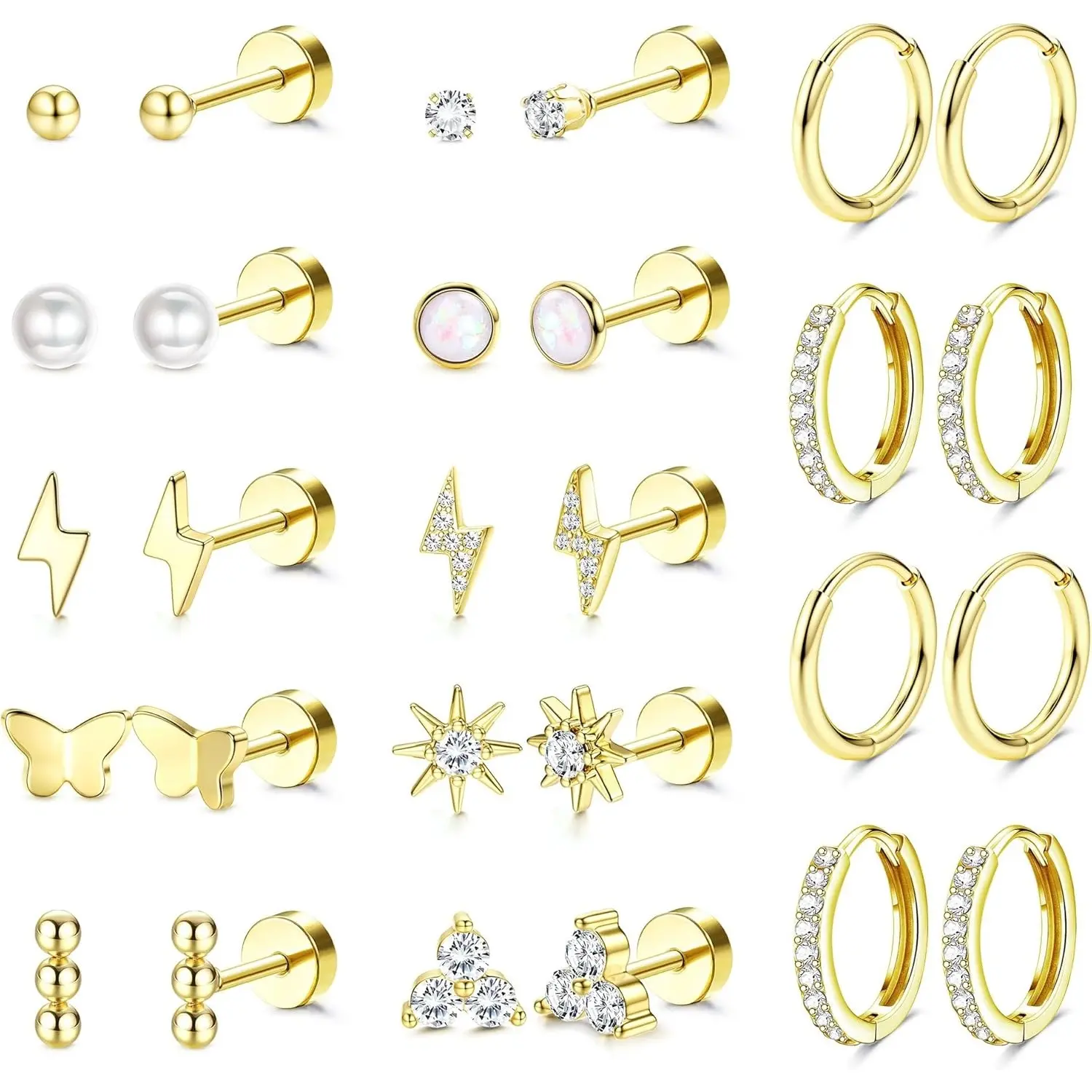 Milacolato 14-Pair Hypoallergenic Surgical Steel Earrings Set for Women, Flat Back Silver Gold Studs & Hoops, Waterproof Safe for Cartilage, Conch, Daith, Tragus, Helix Piercings