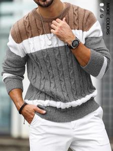 men's colorblock round neck cable knit sweater, regular fit casual long sleeve crew neck jumper for fall & winter, fashion men's knitwear for daily wear
