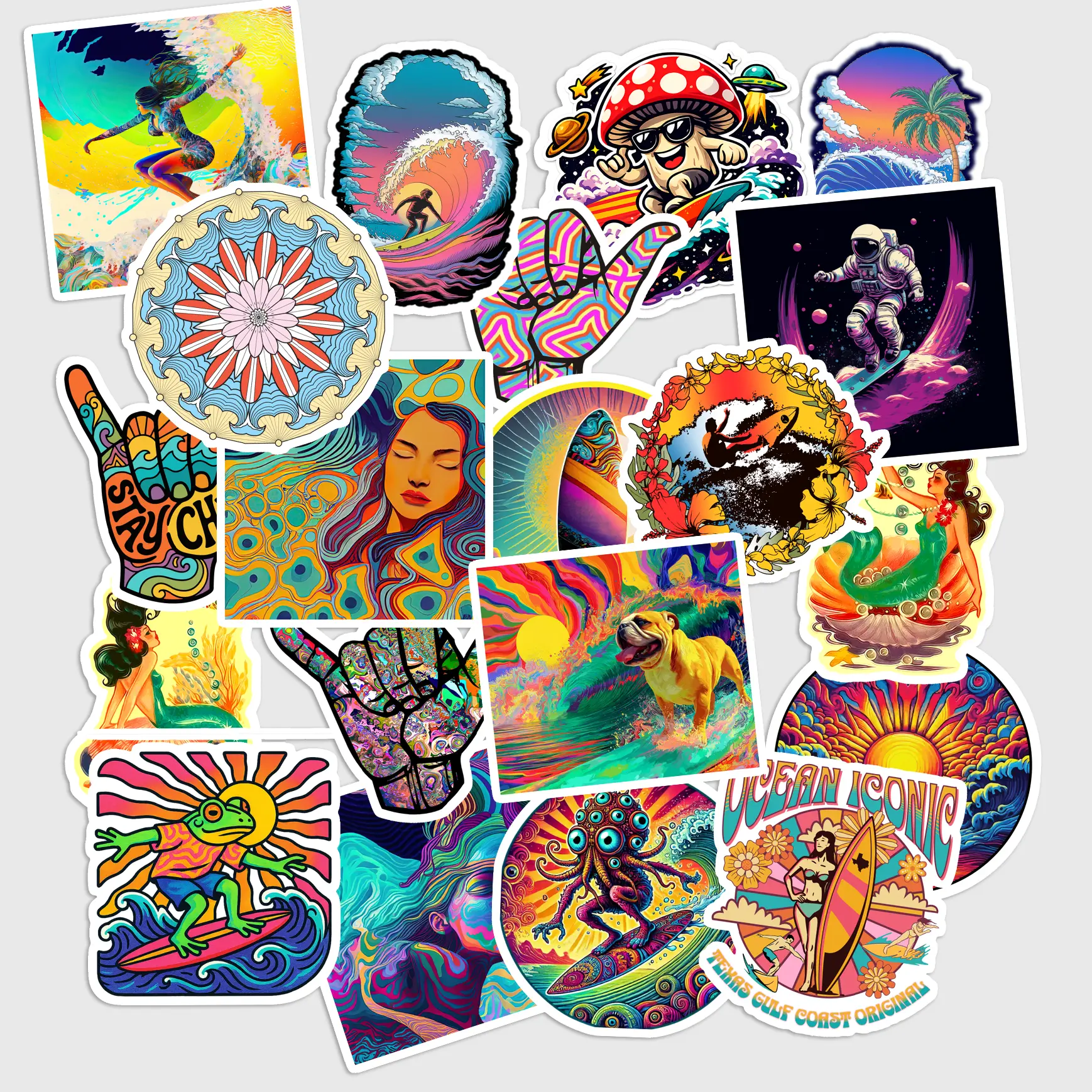 20 Pcs Psychedelic Surfing Stickers - Retro Trippy Surf Culture Decals, Waterproof Vinyl Stickers for Laptop, Water Bottle, Surfboard - Hippie Gift